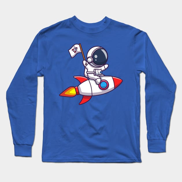 Cute Astronaut Riding Rocket And Holding Flag Cartoon Long Sleeve T-Shirt by Catalyst Labs